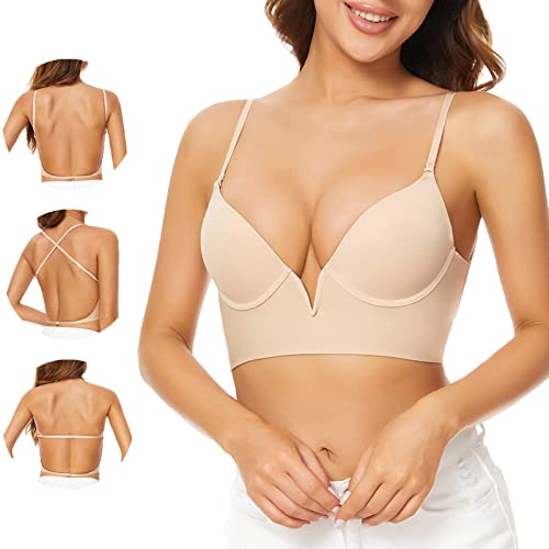 Hornamax Low Back Bras-Seamless Lightly Lined Invisible Backless Bra-Convertible Multiway Low Cut Plunge Open Back Halter Bra (Nude, Xx-Large) #TOP1