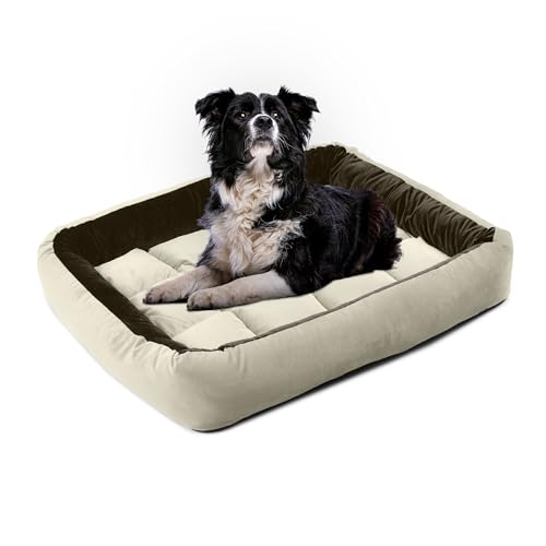 Image of Reversible Rectangle Dog Bed | Medium 60 X 75 Cm Pet Bed for Dogs and Cats | Premium Velvet, Washable Fabric | Soft Sofa-Style Bed for Dog with Thick 15 Cm Insert | Brown & Cream