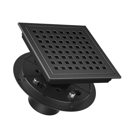 Bmvlffs 6 Inch Square Shower Drain Matte Black with Removable Quadrato Pattern Grate, SUS 304 Stainless Steel Floor Drain with Flange