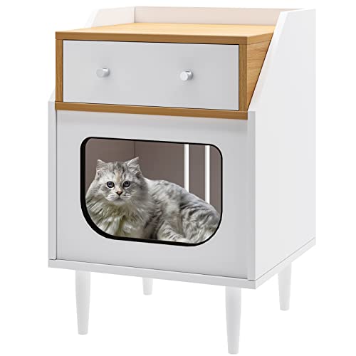 DlandHome Haus/Katzenhöhle mit Schublade, 45 x 40,5 x 64,5 cm, Beistelltisch mit Aufbewahrung, Nachttisch für Wohnzimmer/Schlafzimmer, Eiche/Weiß Cover