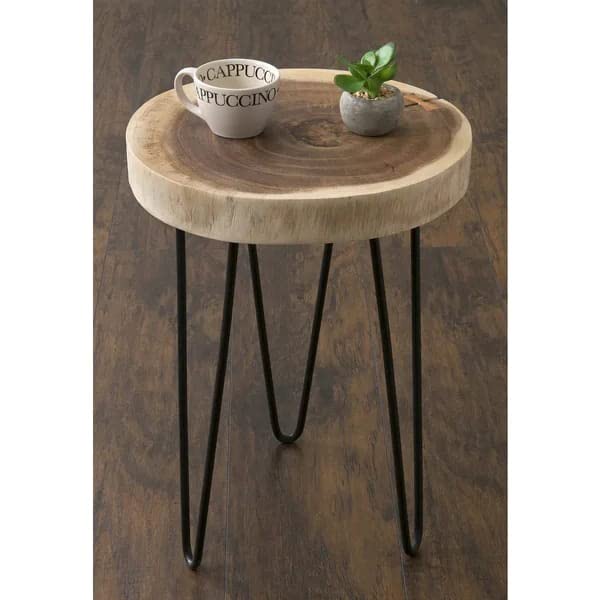 Image of Arico Natural Tree Bark End Table /Coffee Table /Bedside Table with Hairpin Metal Legs (Natural)
