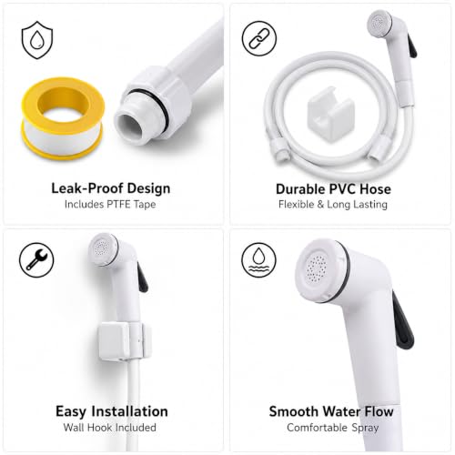 Image of HPF PVC Flexible Health Faucet Set with Gun, Pipe, Hook - Bathroom (Toilet Spray Gun) Accessories (Standard Size, White) with Free 1 Leak Proof Teflon Tape, Tube Length 1 Meter