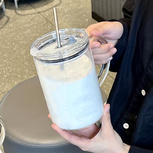 タンブラーグラス 耐熱ガラス ストロー付き 1000ml 蓋付き 取っ手付きき 筒状 透明 飲み物 お湯 ガラスコップ ハイボールグラス ウォーターグラス コーヒーグラス ほこり防止 おしゃれ 密閉性 厚底 大容量 贈り物 プレゼント