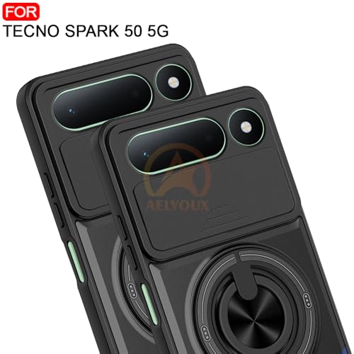 Image of Tecno Spark 50 5G Back Cover | Armor Camera Slider 360 Degree Rotating Finger Ring Holder Case with Bracket Stand Back Case Cover (Compatible with MagSafe Accessories) (Black)