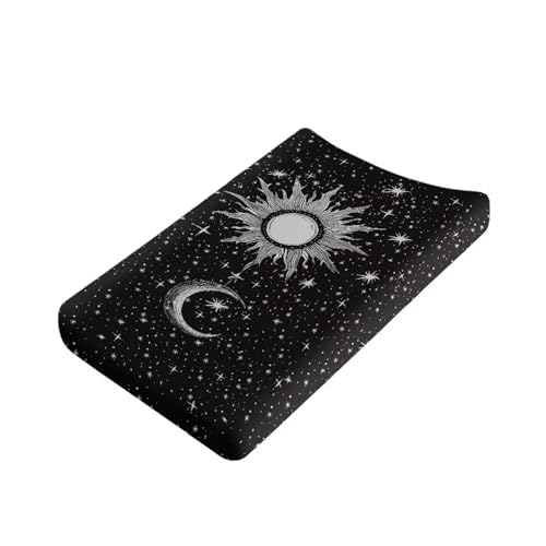 Guosanchn Moon Star and Sun Changing Pad Cover for Baby Girls Diaper Changing Pad Covers 32”x16” Newborn Infant Changing Table Sheet Changing Mat Covers Ultra Soft, Black