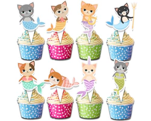 24 Pcs Mermaid Cat Cupcake Toppers for Kids Birthday Party Decorations – Cute Mercat Themed Cupcake Picks for Ocean Party, Baby Shower, and Underwater Celebration