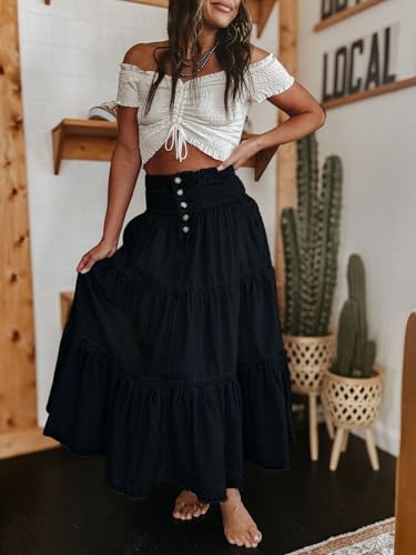 ebossy Women's Tiered Button Down Midaxi Denim Skirts Ruffle Pleated High Waist Flowy Jean Skirts with Pockets2