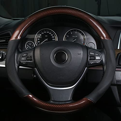 Alemodr Brown Carbon Fiber Leather Steering Wheel Cover Universal 15 Inch #TOP1