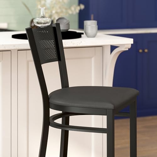 Flash Furniture HERCULES Series Taburete de Bar de Metal con Respaldo de Rejilla Negro - Asiento de Vinilo Negro miniatura 4