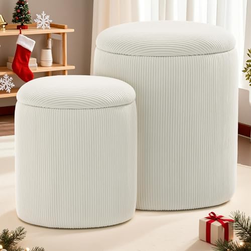 YSICK Round Ottoman with Storage, Set of 2, Small Vanity Stool as Vanity Chair, Corduroy Ottoman Foot Rest for Small Space, Living Room, Bedroom, Beige