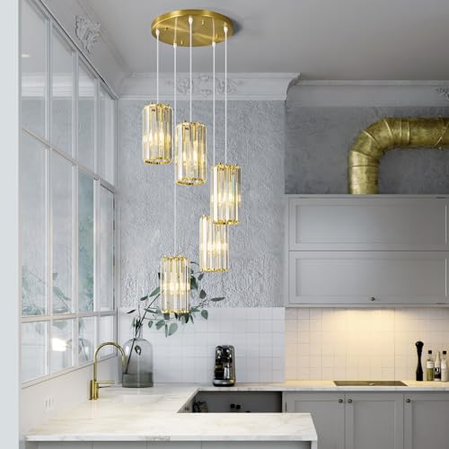 Image of Gold Pendant Lighting Modern Pendant Light, Mini Crystal Chandeliers,Adjustable Pendant Light Fixture for Kitchen Island Dinning Room Corridor Bedroom(Gold 5-Light)