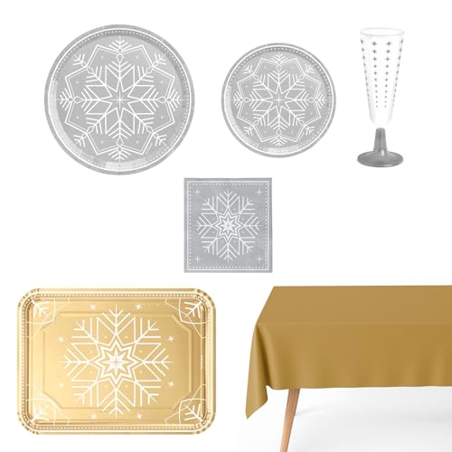OH YEAH - Kit Vajilla Navidad 12 Personas Copo Nieve Plata - 70 Piezas - Platos, Vasos, y Servilletas Desechables - Temática Navideña - Cenas Navideñas, Reuniones Familiares y Fiestas de Fin de Año