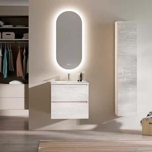 Feel Your Bath Conjunto Mueble de Baño 60 cm Blanco Caliza con Encimera Cerámica Integrada y Espejo Ovalado LED Antivaho, 2 Cajones Soft Close, Luz Regulable, Diseño Compacto