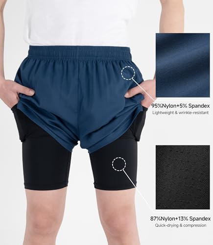 TLAENSON Boys Athletic Shorts with Compression Liner, Kids 2 in 1 Quick Dry Basketball Running Shorts with Pockets3