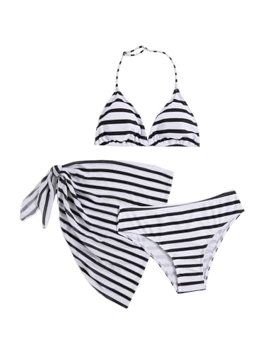 Image of SOLY HUX Girl's Summer Swimsuit Set Floral Halter Triangle Bikini Set with Wrap Skirts Beachwear