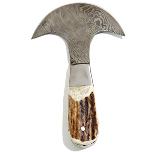 Half Moon Leather Knife, Damascus Steel Leather Knife with Elk Horn Handle, Skiving Leather Knife