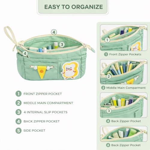 Image of Canvas School Bag Pencil Case, 3 Layer 6 Compartment Large Capacity, Aesthetic Pencil Pouch for Stationary, Cute Stationery for Kids, Pencil Case for Girls & Boys (Pista)