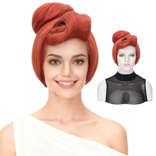 QACCF 50s Women Wig 60s Short Red Vintage Updo Halloween Costume Bun Party Wig