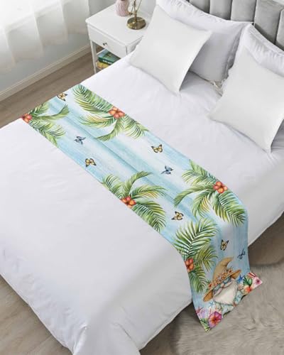 Jolunifun Coastal Tropical Bed Runner Scarf for Cal King Size Bed Foot,Decorative Bedding Accessory Stainproof & Dustproof Soft Protector for Bedroom Palm Tree Starfish Shell Flower Gnomes 102