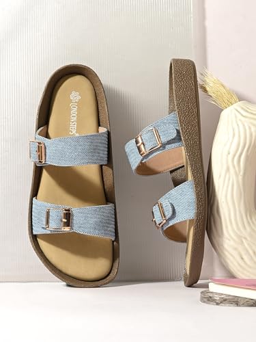 Image of Women Denim Double Strap Buckle Slides | Comfortable Casual Flat Slippers for Women | Lightweight Open Toe Slip-On Sandals Everyday Wear