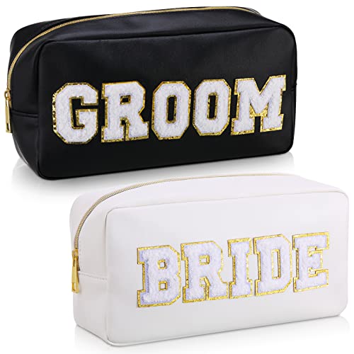 Oudain 2 Pcs Bride and Groom Makeup Bag Letter Patch Cosmetic Travel Toiletry Bag Women PU Leather White Portable Bride Purse Wedding Pouch for Bridal Shower Gift Bachelorette Party Favor