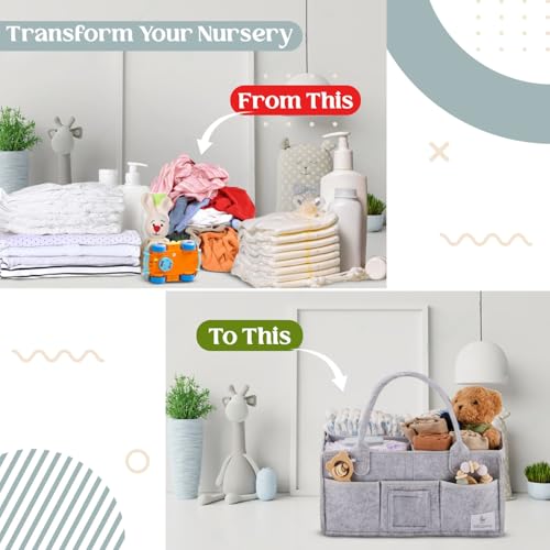 Babylicious Baby Diaper Caddy Organizer | Felt Changing Table Organizer - Large | Diaper Organizer for Changing Table | Name Card Included - Newborn Essentials Must Haves for Parents Heather Grey