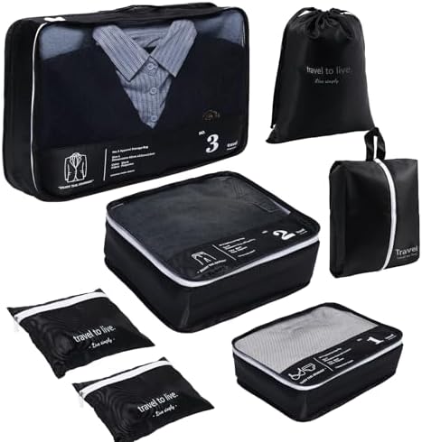 Travel Packing Cubes Set, 7-Piece Black Luggage Organiser & Suitc...