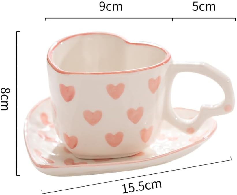 WAIT FLY Heart Shaped Ceramic Coffee Mug Set with Saucer, Tea Cup, Breakfast Cup, Dessert Plate-Pink-8 OZ