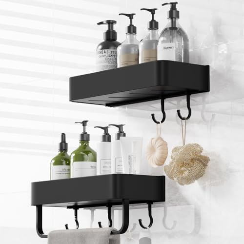 Bellovero Duschablage Ohne Bohren,2 Stück Rostfreies Duschregal ohne Bohren,Badregal aus Aluminiumlegierung mit Waschlappen und Haken,Leichter Badezimmer Organizer Großer Kapazität (Schwarz)
