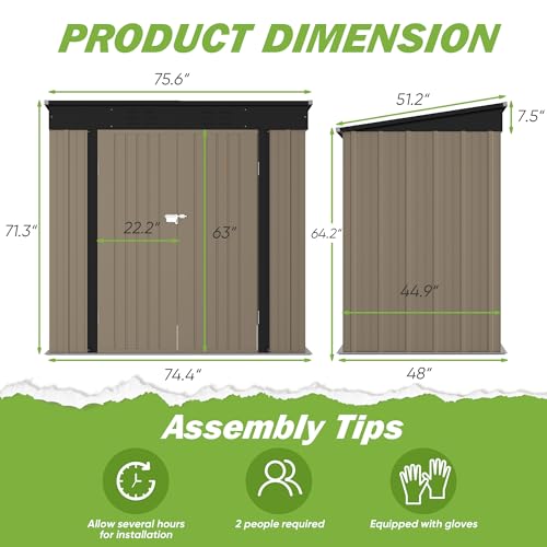 Greesum Outdoor Storage Shed All Weather 6FTx4FT Metal Garden Shed with Lockable Double Doors for Garden Tools, Toys and Sundries,Brown