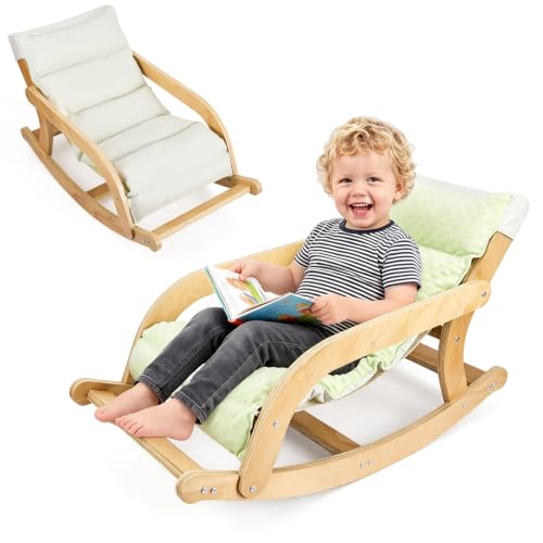 SELFLA Kinderschaukelstuhl aus Massivholz, kippsicherer Schaukelstuhl mit Minky-Kissen mit Noppen, beruhigender Sensorikstuhl für Kinderzimmer und Spielzimmer
