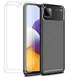 Young & Ming Compatible pour Coque Samsung Galaxy A22 5G + 2 X Protecteur D'écran en Verre Trempé, Protection Complète Silicone Souple TPU Anti Choc et Anti Rayure Coque, Noir