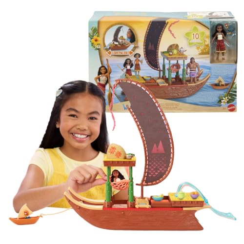 Mattel - Mattel Disney Océanie 2 Le canoë des aventures de Vaiana, jeu de jeu avec canoë flottant, mini poupée Vaiana, 1 personnage ami, 6 zones de jeu et 10 accessoires, 2 jouets, JBT78 - -44%