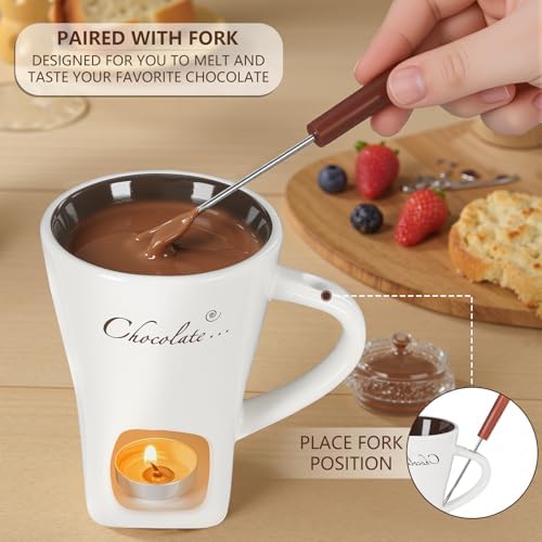 Fondue Pot Cup Set, Chocolate Melting Fondue Mugs with 2 Forks & 4 Tealights, Mini White Ceramic Fondue Set for Cheese, Marshmallows, Sweet Fondue Cup for Date Night, Party, Wedding, or Holiday Gift - 5