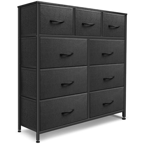Image of Sonharlar Dresser for Bedroom with 9 Drawers, Chest of Drawers, Storage Drawers Organizer Unit, Black Wide Fabric Dresser with Fabric Bins for Closet, Living Room, Entryway (Charcoal Black)