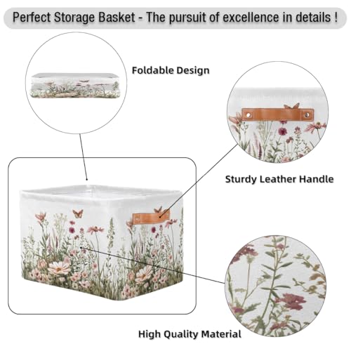 Image of Spring Wildflowers Storage Baskets for Organizing, Fabric Collapsible Storage Bins Box Plants Floral Decorative Toy Organizer Baskets for Closet Shelves Gift Basket 2Pcs