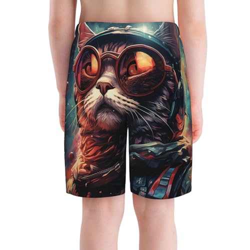 Boys Swim Trunks Beach Board Shorts Summer Bathing Suits Teen Kids, Space Laser Cat Cool Rainbow4