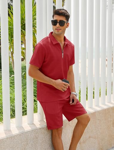 EISHOPEER Men's Polo Shirt and Shorts Set Fashion Zipper 2 Pieces Outfits3