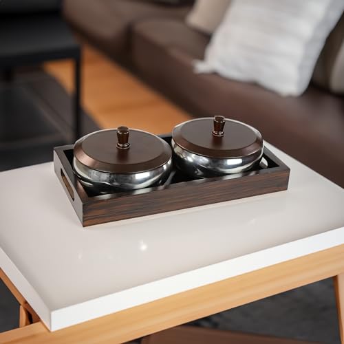 Image of PEARLPET Hazel Stainless Steel 2 Bowls Set(500ml) with Wooden Serving Tray & 2 Wooden Finish Lids, Gift Set, Dryfruit Jar, Brown Color