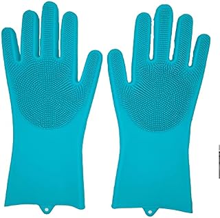 Magic Cleaning Gloves BLUE Reusable Silicone Cleaning Gloves Dishwashing Scrubber Dish Wash Scrubbing Sponge Gloves with Bristles, Great for Washing