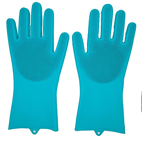 Onlineforu lTD Magic Silicone Cleaning Gloves Blue – Reusable Heat Resistant Dishwashing Gloves – Multipurpose Scrubbing Gloves for Kitchen, Bathroom, Car Wash, Pet Grooming & More