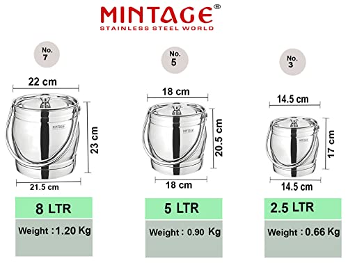 Image of Mintage Milk Barni 2.5+5+8 litres Set of 3 | Oil Can | Heavy Body | Pot Ghee Container | Stainless Steel with Lid | Storage Dolchi
