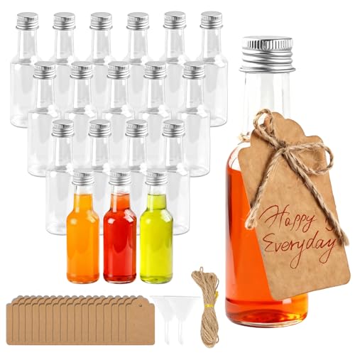 SilverChry Lot de 18 Mini Bouteille Alcool, Petites Bouteilles à Remplir Avec 2 Mini Entonnoirs, 18 Étiquettes en Papier Kraft et 5 m de Ficelle de Chanvre, Réutilisables Pour Mariage, Fête
