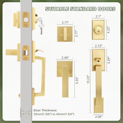 Moquin Double Front Door Lock Set, Brushed Gold Square Front Door Hardware Set with Dummy, Heavy Duty Door Handle with Deadbolt, Stain Brass Double Entry Door Lock Set with Reversible Handle by Moquin - Image 8