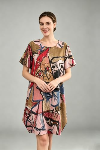 Image of FTCayanz Women's Casual Midi Short Sleeve Loose Print Dress