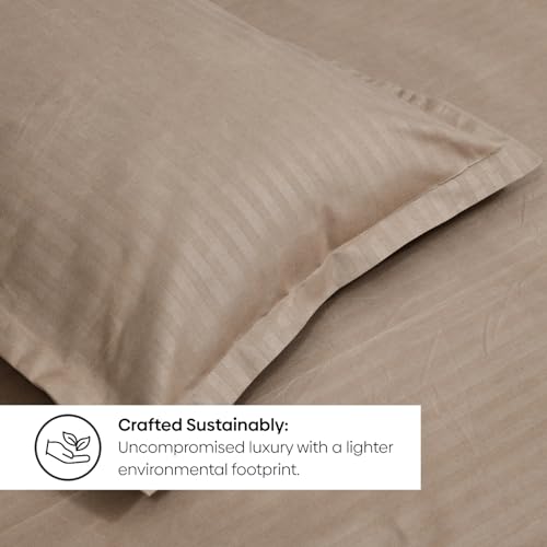 Image of Rivermoor Ultrasoft Bedsheet for Double Bed | Queen Size Bed Sheet with 2 Pillow Covers | Beige Satin Stripe | 90 x 98 Inches | Breathable & Hypoallergenic