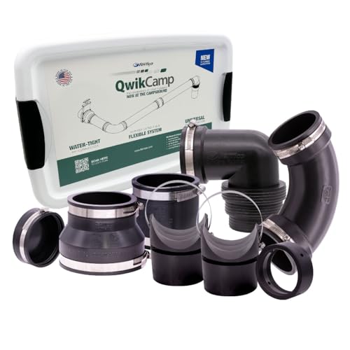 Image of Fernco QwikCamp RV and Camper Sewer Waste Plumbing Connection System Kit with Slip Fit Coupling Adapter for 3-in. PVC Pipe and Pipe Stands (Black)