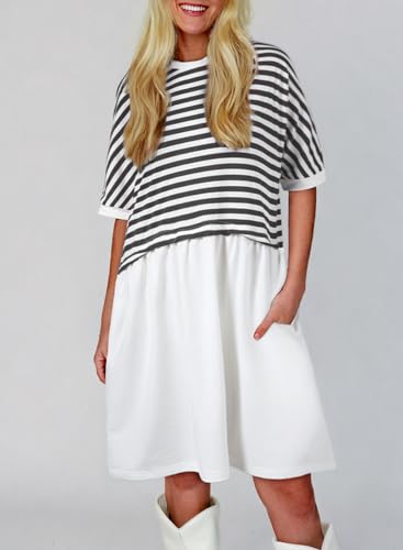 Image of Acelitt Women Casual Summer Short Sleeve Crewneck Striped Dresses Loose Tshirt Dress,S-2XL