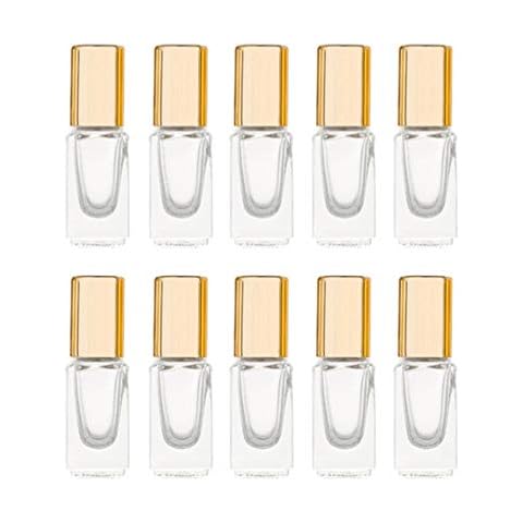 3ml Square Glass Roller Bottle For Essential Oils,Mini Glass Bottles With Stainless Steel Roller Balls,Gold Aluminum Caps Portable Roll-On Vial Aromatherapy Perfume Container-10 Pack Cover