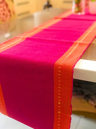 Image of RANGBHAR 6 Seater Dinning Table Runner, Ribbed Cotton Rectangular Shape Runner, 12 X 72 Inches, Washable And Double Sided, Pink Orange